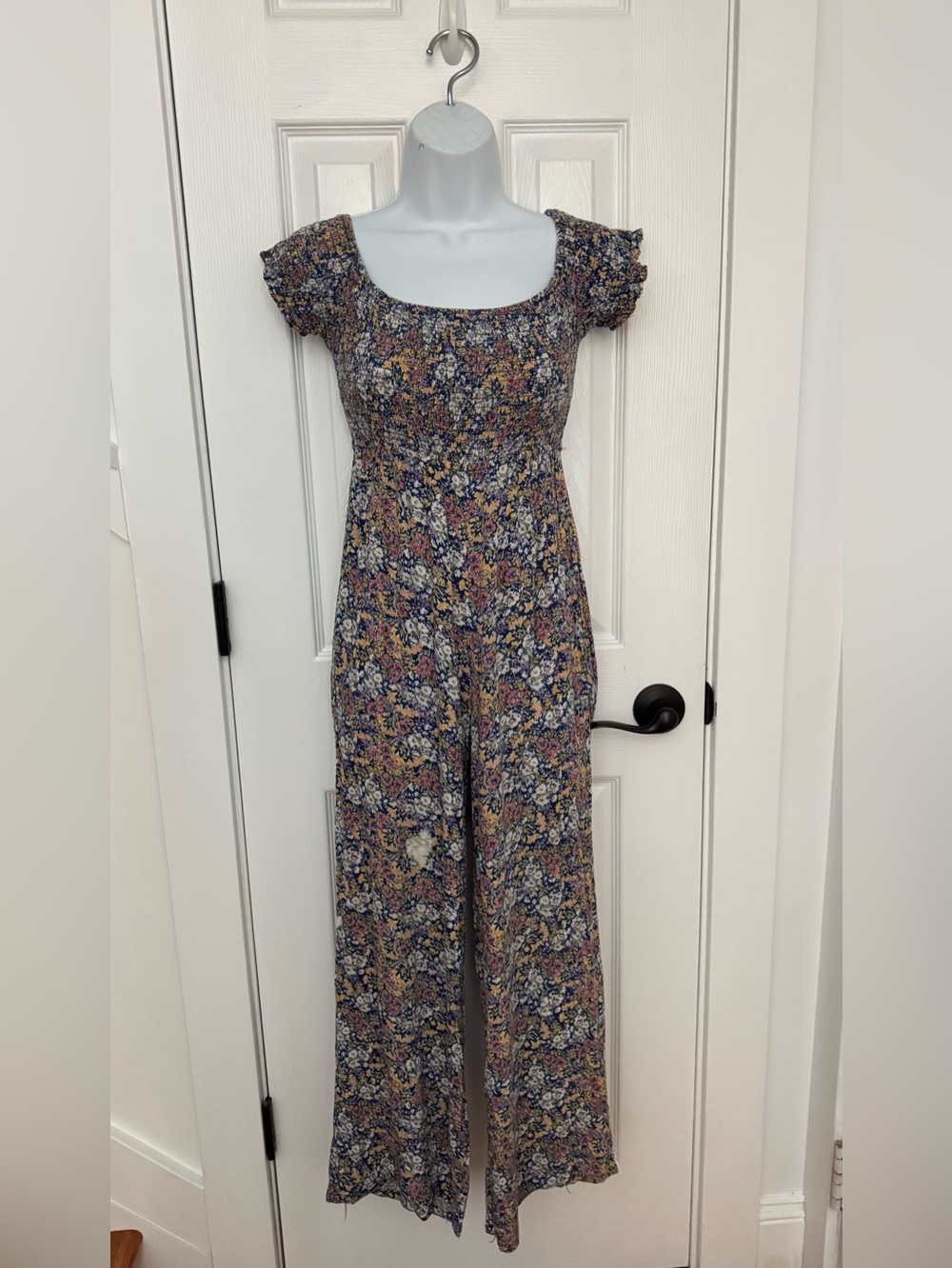 Rewind Navy Multi Floral Square-Neck Wide-Leg Jumpsuit